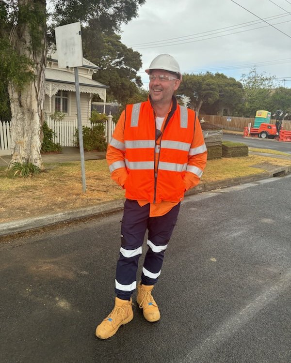 Ben Ferrier on a roadworks site in brand-new hi-vis